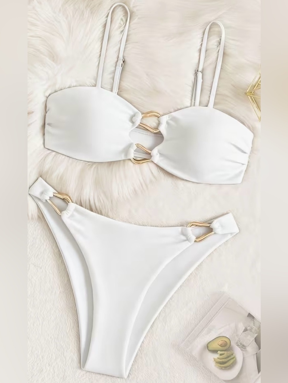 White Gold Ring Accents High Cut Bikini Set - Picture 3 of 9